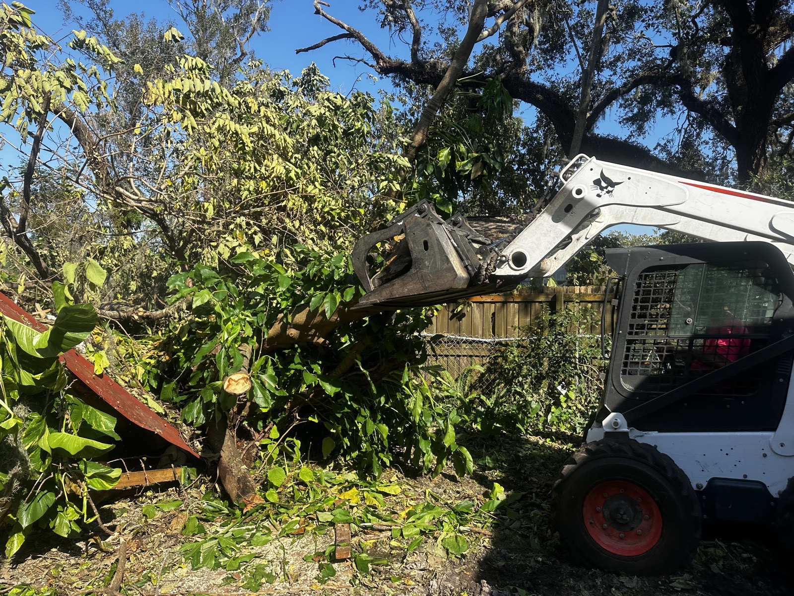 Johnny Timbers skid steer with grapple clearing storm debris at residential property Williamsburg VA